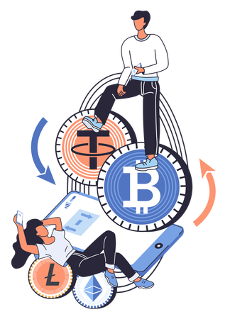 People conduct transactions with cryptocurrency  Illustration