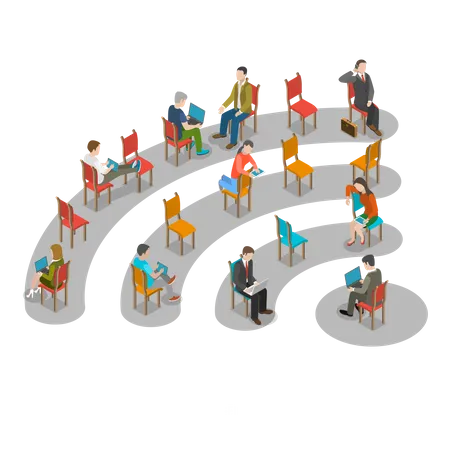 Wi Fi Hotspot Isometric Flat Vector Concept People Are Sitting On The Chairs Those Are Located On The Wifi Sign 일러스트레이션
