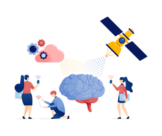 ワイヤレスクラウドで人工知能を搭載したネットワークに接続する人々  イラスト
