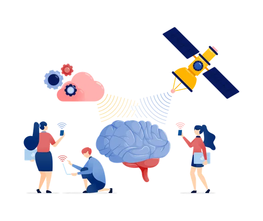 ワイヤレスクラウドで人工知能を搭載したネットワークに接続する人々  イラスト