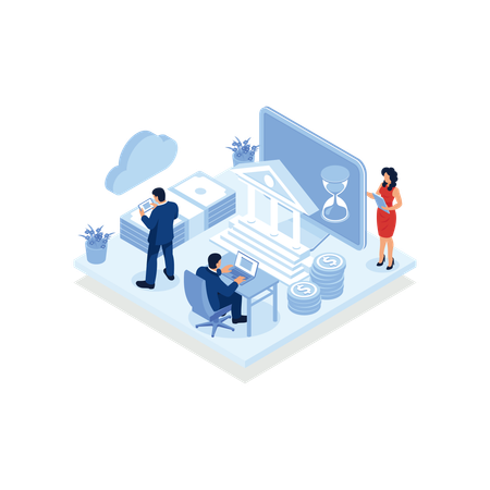 People control online money transfer using computer and smartphone app  Illustration