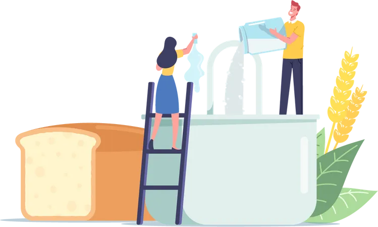 Tiny Male Female Characters Cook Homemade Bread Pouring Ingredients And Flour In Huge Mixer People Cooking Fresh Bakery At Home Culinary Food Preparing Process Concept Cartoon Vector Illustration Illustration