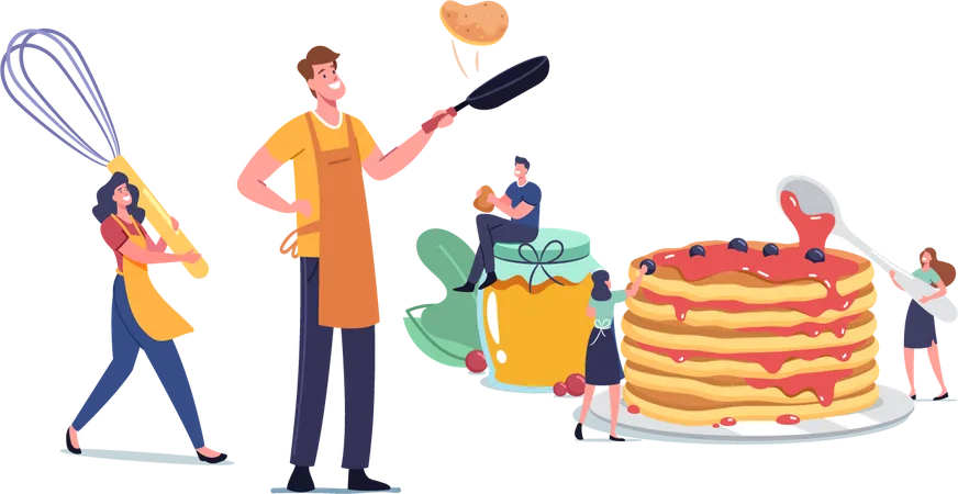 People Cooking and Eating Homemade Pancakes Illustration