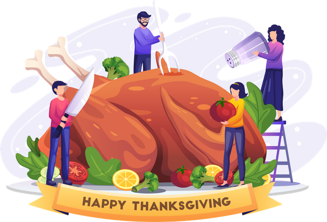 People cooking and enjoying turkey on thanksgiving Illustration