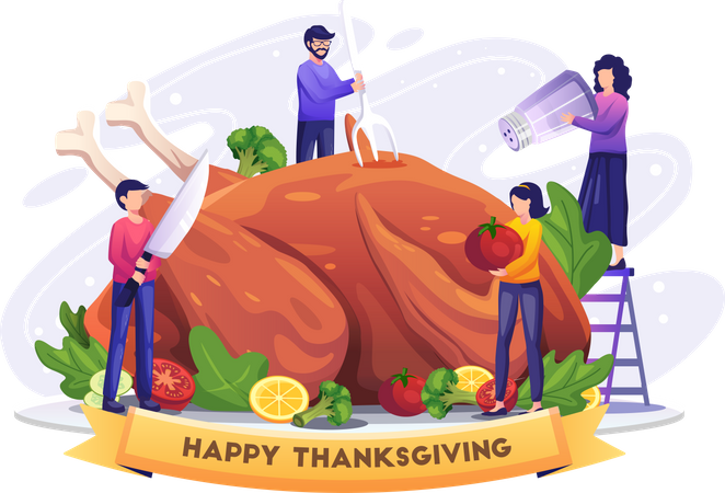 People cooking and enjoying turkey on thanksgiving  Illustration