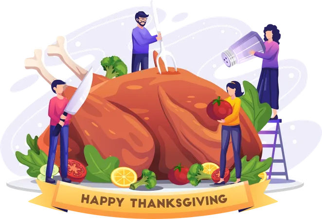 People cooking and enjoying turkey on thanksgiving  Illustration