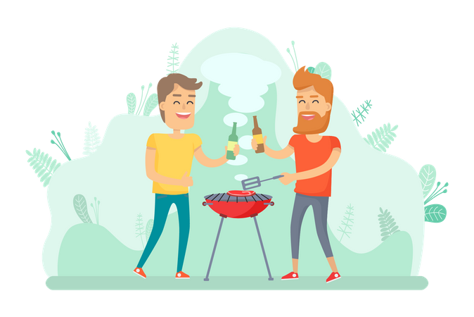 People cooking barabeque and dinking alcohol  Illustration