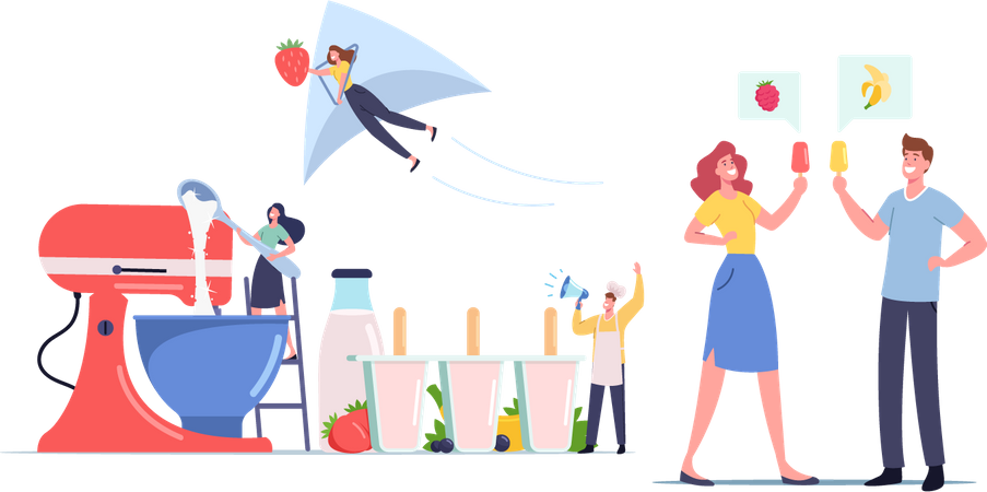 People Cooking Homemade Ice Cream Using Mixer Illustration