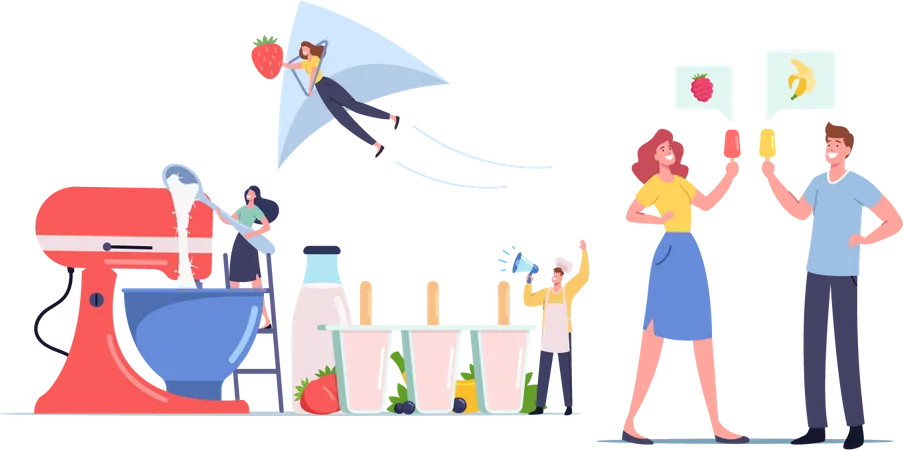 People Cooking Homemade Ice Cream Using Mixer  Illustration