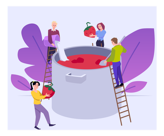 People cooking strawberry jam or confiture  Illustration