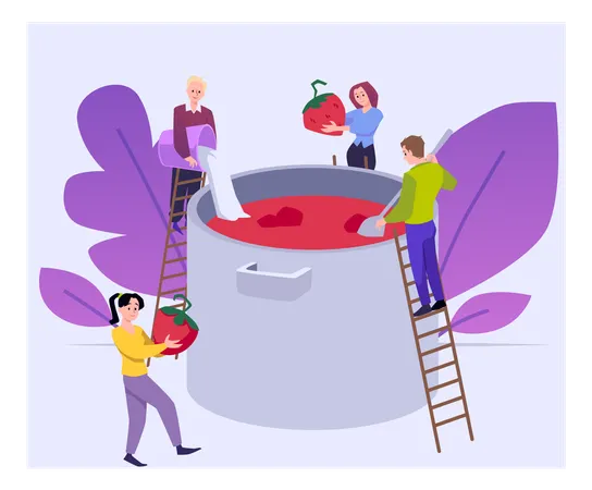 People cooking strawberry jam or confiture  Illustration