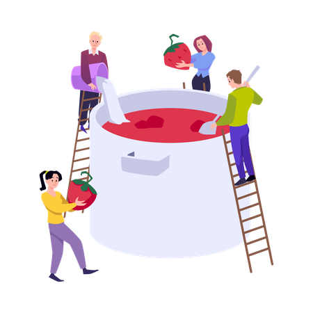 People cooking strawberry jam or confiture  Illustration