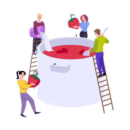 People cooking strawberry jam or confiture  Illustration