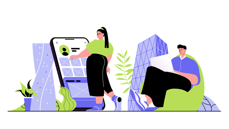People creating mobile application building interface making optimization on phone display  Illustration