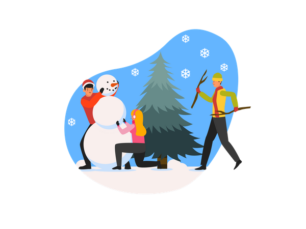 People creating snowman  Illustration