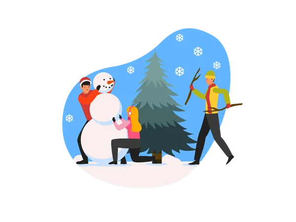 People creating snowman  Illustration