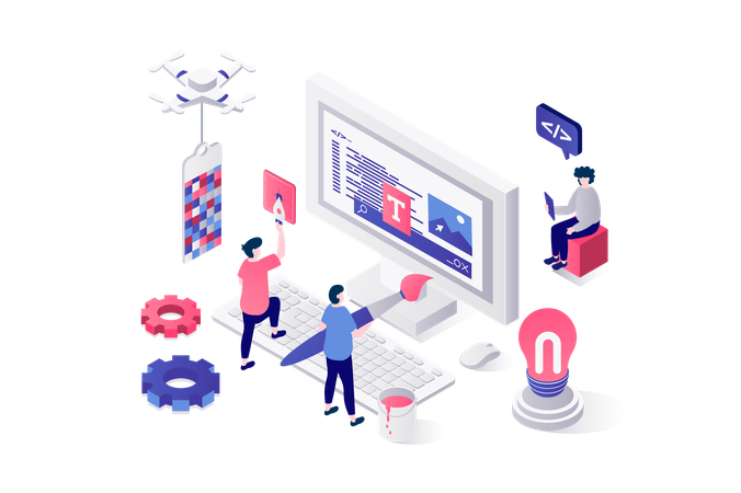 People creating webpage wireframe template and filling page with content  Illustration