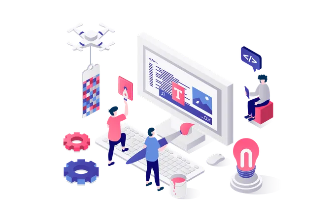 People creating webpage wireframe template and filling page with content  Illustration