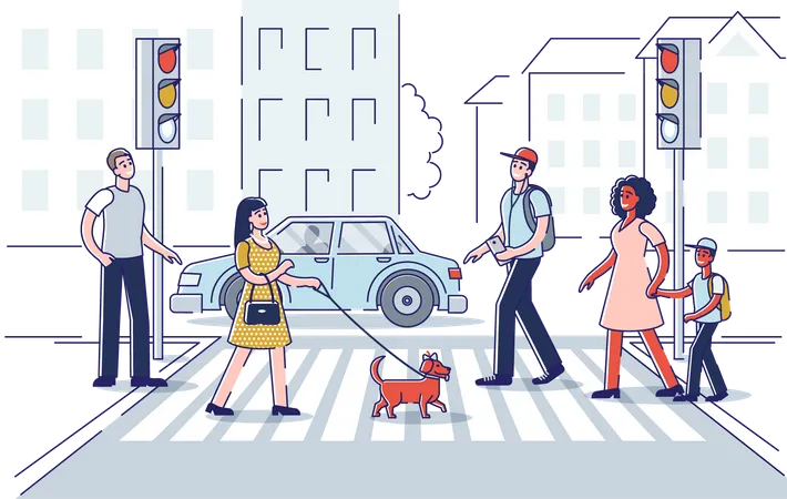 People crossing street road  Illustration