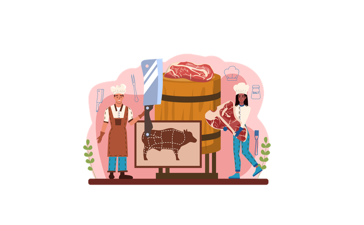 People cutting beef and cooking  Illustration
