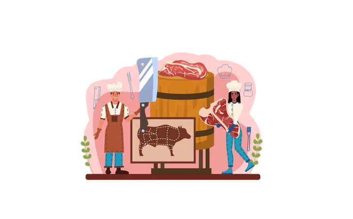 Steak Web Banner Or Landing Page People Cutting Beef And Cooking Tasty Grilled Meat With Sauces And Seasonings Delicious Barbecue Beef On The Plate Roasted Restaurant Meal Vector Illustration Illustration