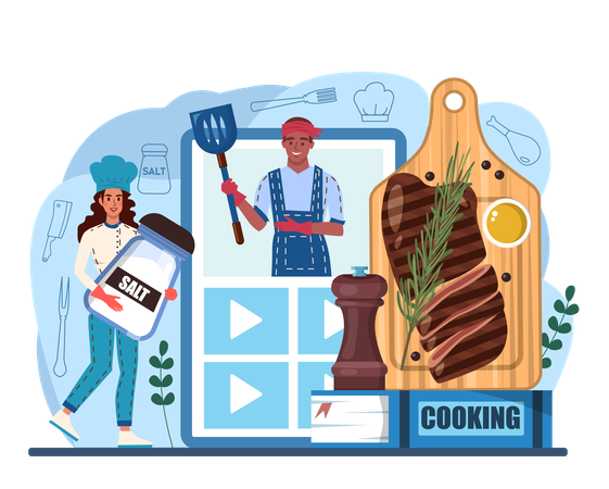 People cutting online beef and cooking  Illustration