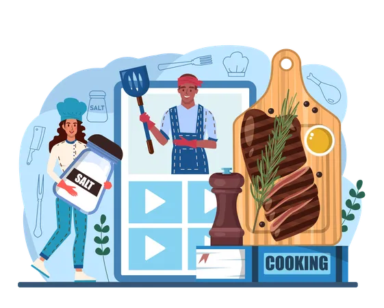 Steak Online Service Or Platform People Cutting Beef And Cooking Tasty Grilled Meat With Sauces And Seasonings Delicious Barbecue Video Blog Vector Illustration Illustration