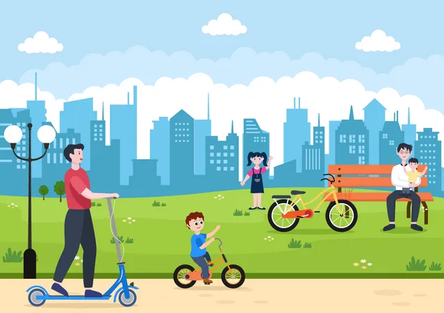 People cycling in park Illustration