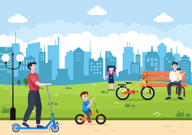 People cycling in park  Illustration