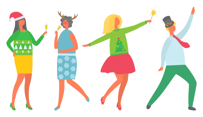 Xmas Celebration Happy New Year Vector People With Champagne And Bengal Lights Dancers Wearing Santa Hat And Knitted Print Sweaters Christmas Party Illustration