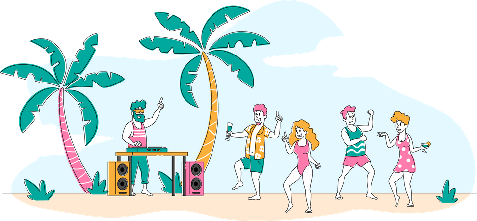 People dancing at a tropical beach party Illustration