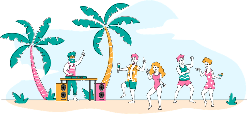 People dancing at a tropical beach party  Illustration