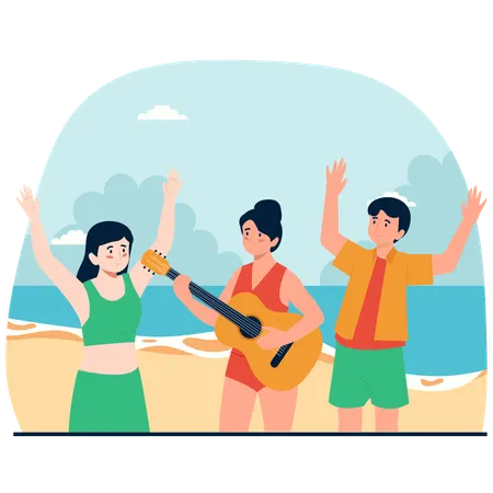 People dancing at beach party  Illustration