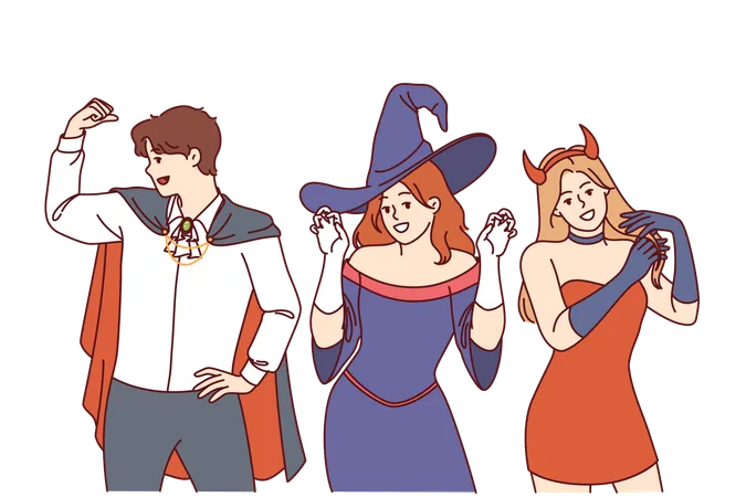 People In Halloween Party Costumes Invite You To Visit Festive October Festival Or Nightclub Man In Dracula Clothes And Woman In Image Of Devil Or Witch For Halloween Celebration Illustration