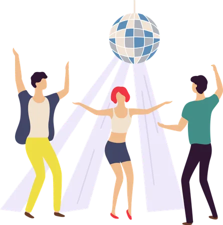 Young People Spending Time Together At Party Man And Women Dancing And Having Fun Group Of Friends While Dancing In Nightclub With Disco Ball Dance Entertainment Pastime Recreation Concept Illustration