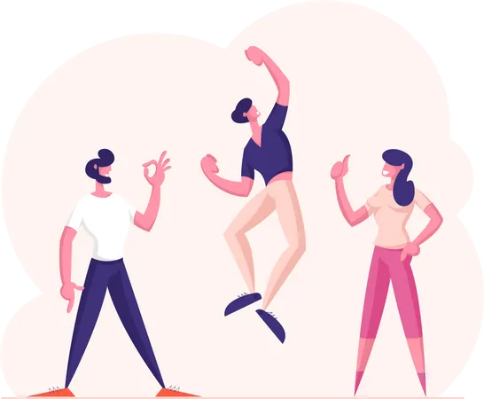 Successful Winners Or Friends Team Celebrating Victory Happy People In Smart Casual Wear Gesturing With Arms Up Exclaiming And Cry Yeah Show OK Sign And Thumb Up Cartoon Flat Vector Illustration Illustration