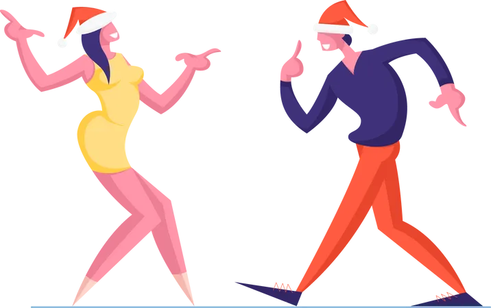 Man And Woman Couple In Santa Hats Dance Isolated On White Background Happy People Dancing On Corporate Or Home Party New Year Holidays Or Christmas Celebration Event Cartoon Flat Vector Illustration Illustration