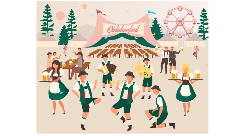 Oktoberfest Flat Vector Illustration Beer Tent Folk Music And Dances Beer Festival October Fest Show Waiters In National Costumes Visitors With Cups Of Alcohol Volksfest Cartoon Characters Illustration