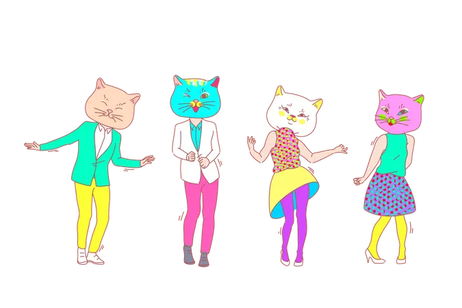 Dance Party Cat Mask Team Concept People Dancing Together In Cat Maque On Costume Party Friends Entertain In Cat Thematic Unusual Masked Show Company Charade Corporative Simple Flat Vector Illustration
