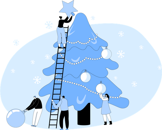People Decorate Christmas Tree Together  Illustration