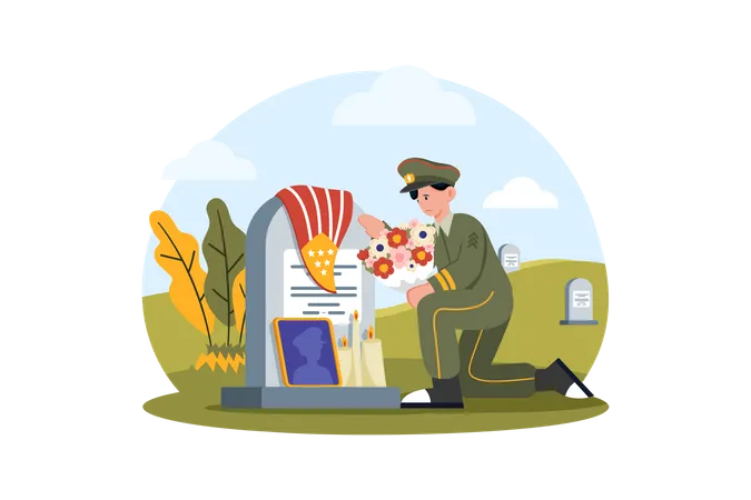 People Decorate Graves With Flags And Flowers To Show Respect And Gratitude  Illustration