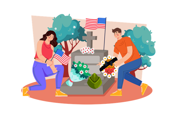 People decorate graves with flags and flowers to show respect and gratitude  Illustration