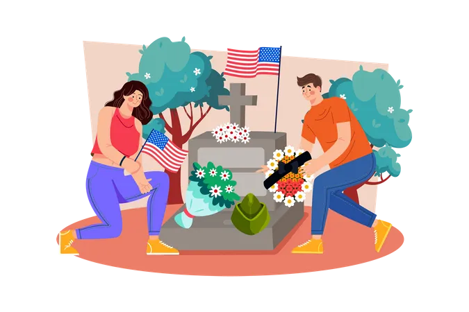 People decorate graves with flags and flowers to show respect and gratitude  Illustration