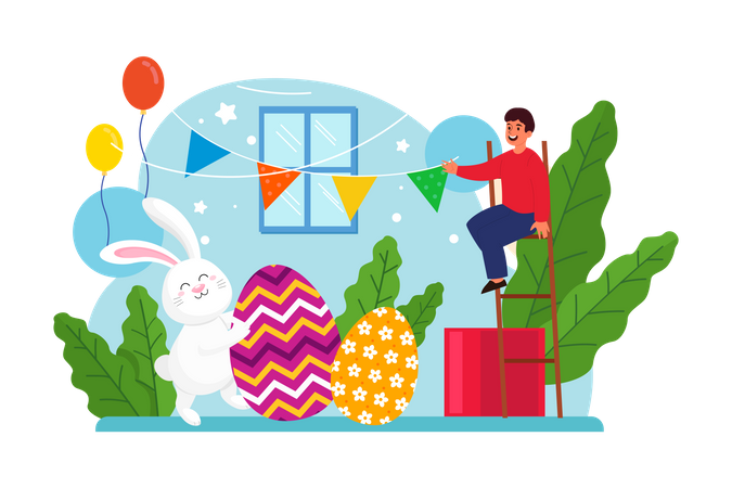 People decorate home for Easter Day Illustration