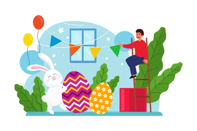 People decorate home for Easter Day  Illustration