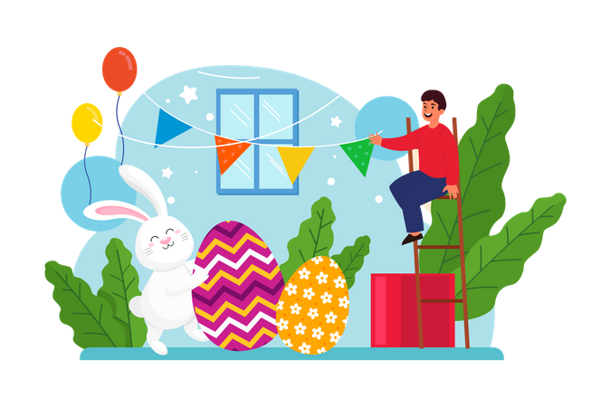 People decorate home for Easter Day  Illustration