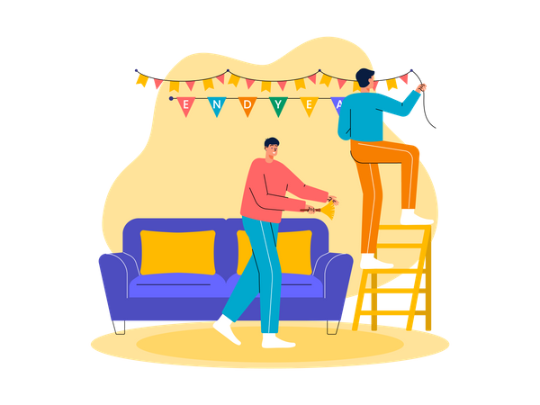 People decorate home for new year party  Illustration