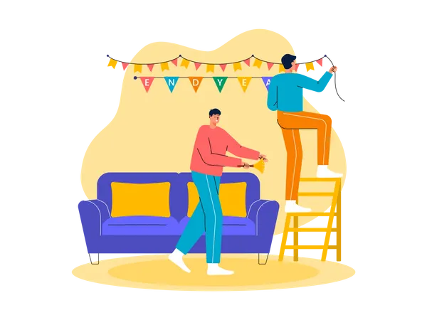 People decorate home for new year party  Illustration