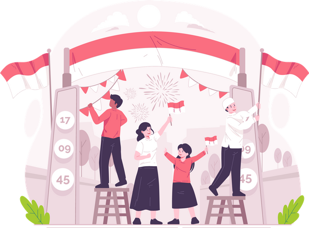 People decorate the gate to celebrate Indonesia Independence Day on August 17th  Illustration
