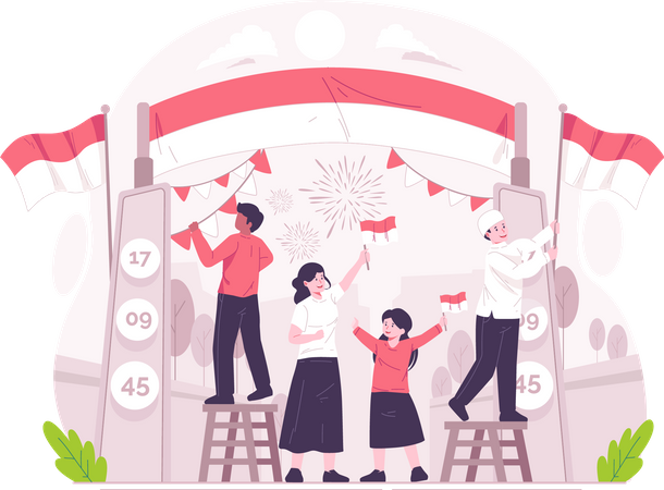 People decorate the gate to celebrate Indonesia Independence Day on August 17th  Illustration